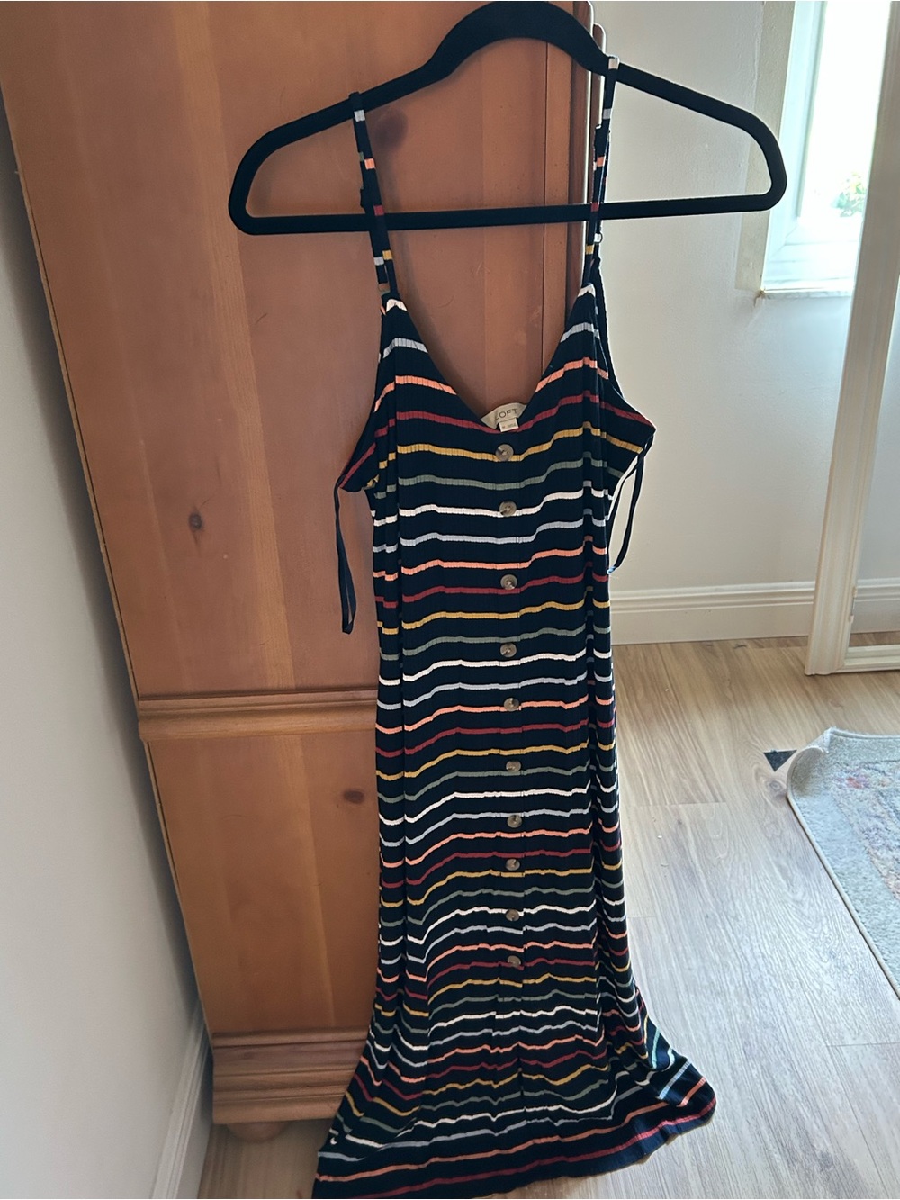 LOFT Black Midi Dress with White, Red, Orange & Olive Stripes - Picture 2 of 4